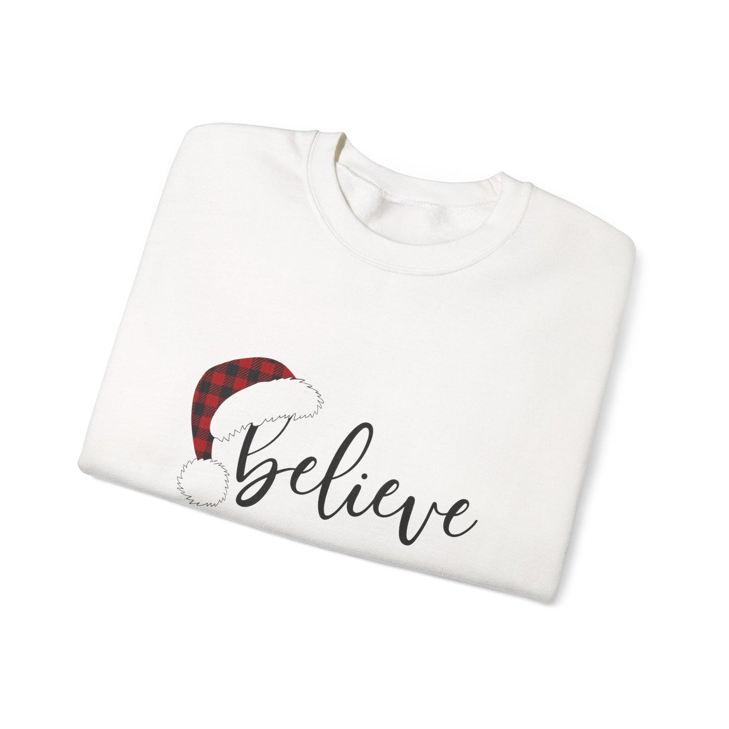 Unisex Heavy Blend™ mw2036 | Believe Christmas Sweatshirt – Buffalo Plaid Santa Hat Holiday Crewneck | Cozy Unisex Winter Gift