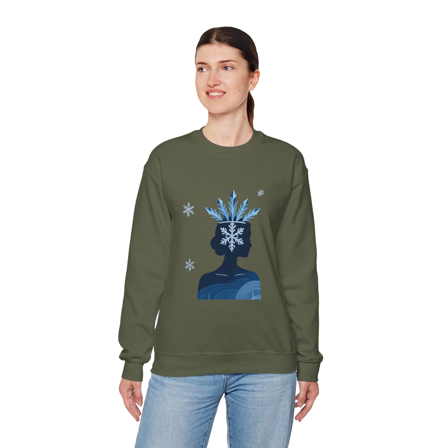Unisex Heavy Blend™ mw2139 | Ice Queen Silhouette Sweatshirt – Elegant Snowflake Winter Crown Crewneck, Cozy Holiday Gift