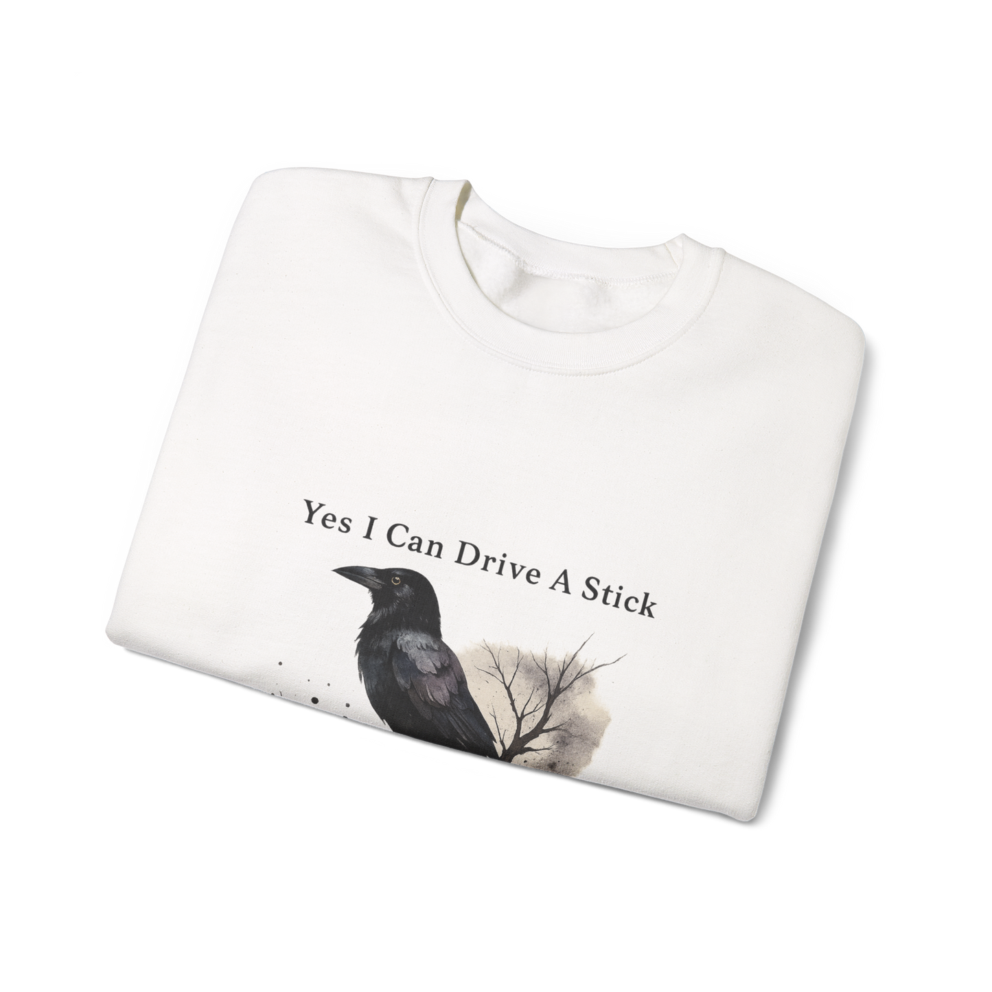 Unisex Heavy Blend™ Yes I Can Drive A Stick Sweatshirt | Funny Halloween Crow Pumpkin Sweater | Spooky Season Witchy Fall Crewneck | mw1004