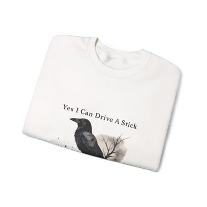 Unisex Heavy Blend™ Yes I Can Drive A Stick Sweatshirt | Funny Halloween Crow Pumpkin Sweater | Spooky Season Witchy Fall Crewneck | mw1004