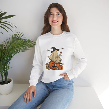 Unisex Heavy Blend™ Wine Ghost Halloween Sweatshirt – Spooky Season Pumpkin Crewneck | mw1013