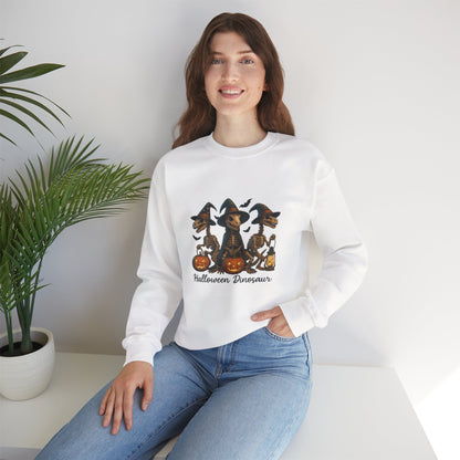 Unisex Heavy Blend™ Halloween Dinosaur Sweatshirt – Spooky Skeleton Dinos with Pumpkins | mw1023