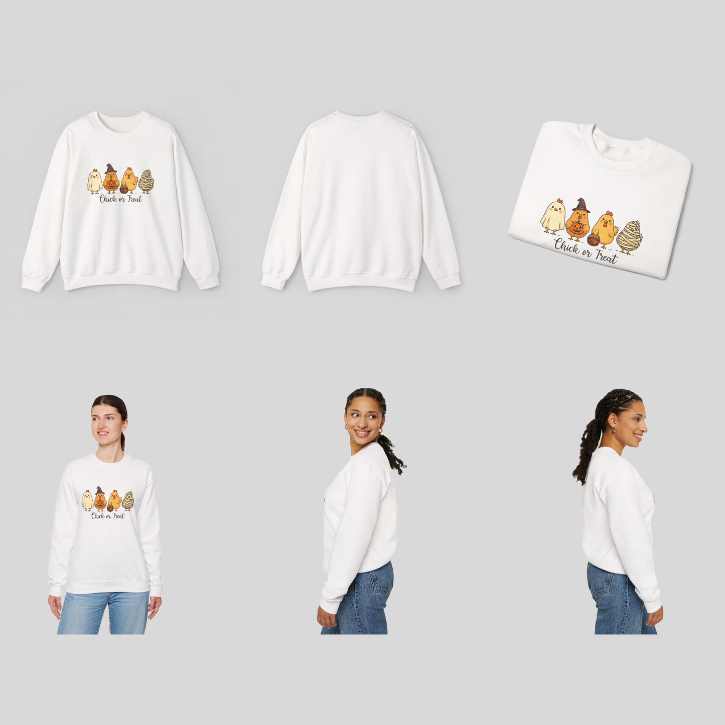 Unisex Heavy Blend™ Chick or Treat Halloween Sweatshirt | Cute Chicken Pumpkin Fall Sweater | Funny Spooky Season Crewneck for Women | mw1001