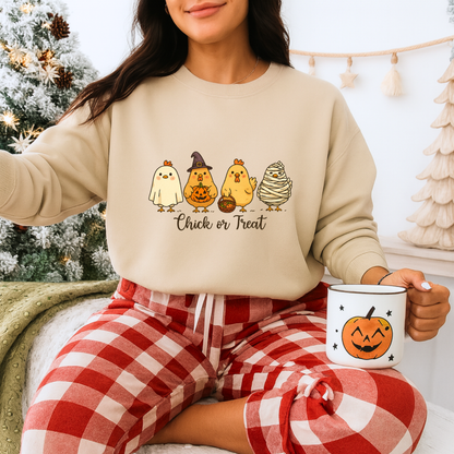 Unisex Heavy Blend™ Chick or Treat Halloween Sweatshirt | Cute Chicken Pumpkin Fall Sweater | Funny Spooky Season Crewneck for Women | mw1001