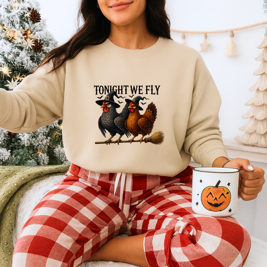 Unisex Heavy Blend™ Tonight We Fly Chicken Sweatshirt – Funny Witchy Halloween Crewneck | mw1022