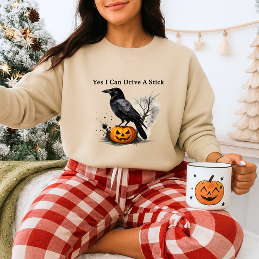 Unisex Heavy Blend™ Yes I Can Drive A Stick Sweatshirt | Funny Halloween Crow Pumpkin Sweater | Spooky Season Witchy Fall Crewneck | mw1004