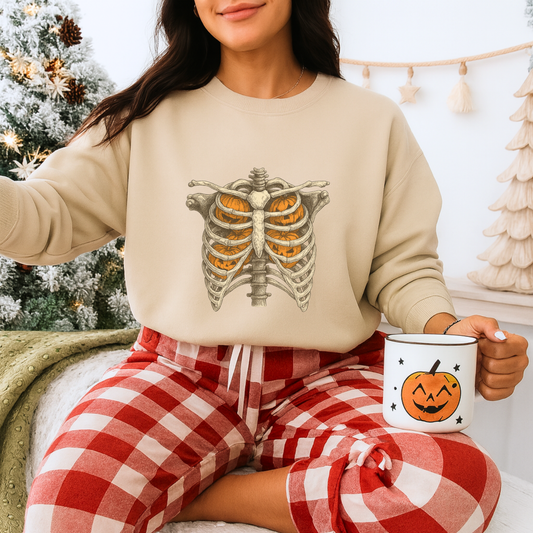 Unisex Heavy Blend™ Halloween Skeleton X-Ray Sweatshirt – Pumpkin Ribcage Design | mw1011