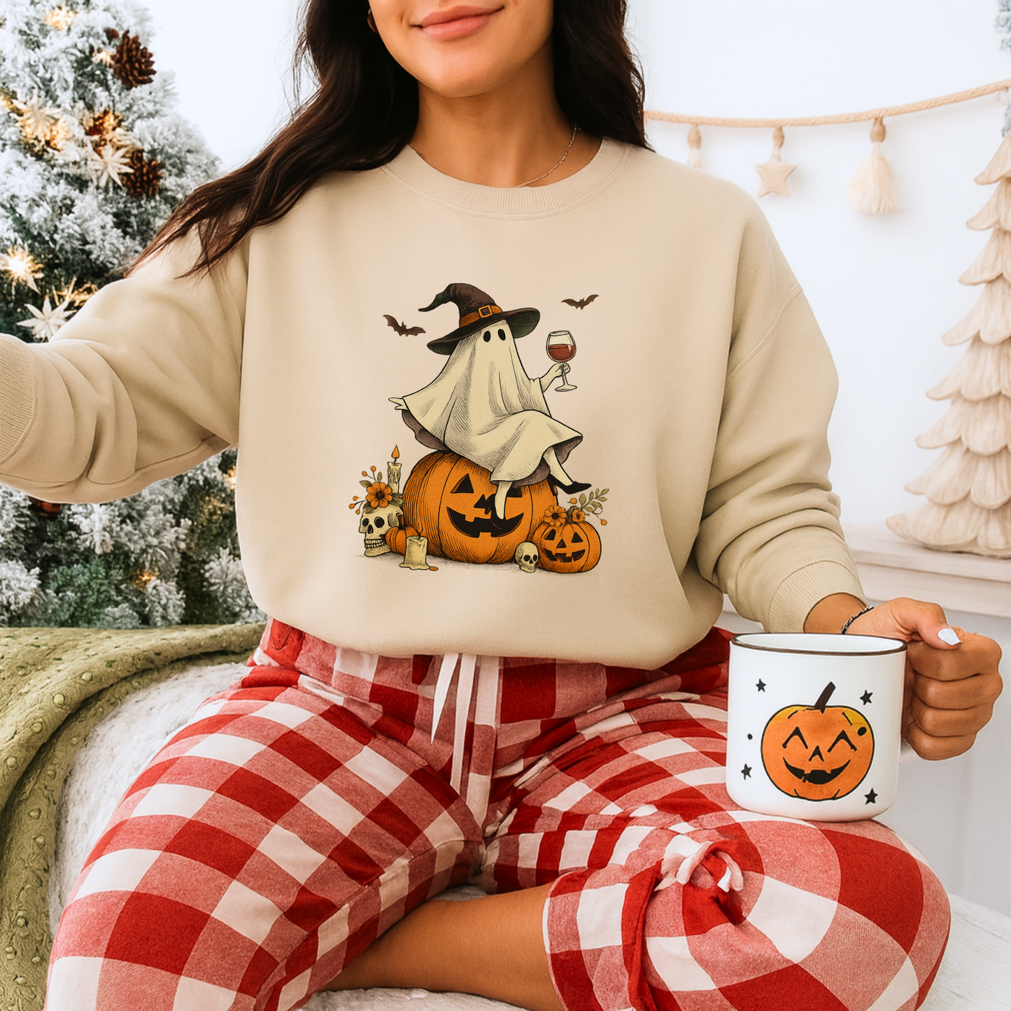 Unisex Heavy Blend™ Wine Ghost Halloween Sweatshirt – Spooky Season Pumpkin Crewneck | mw1013
