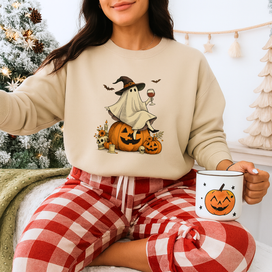 Unisex Heavy Blend™ Wine Ghost Halloween Sweatshirt – Spooky Season Pumpkin Crewneck | mw1013
