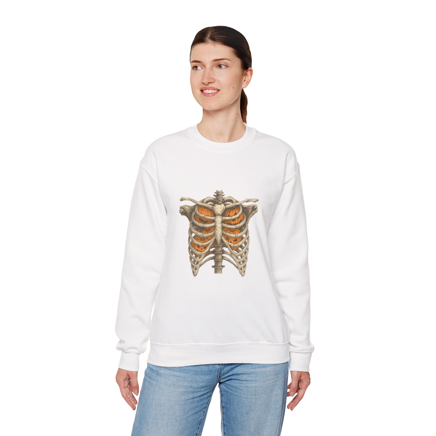 Unisex Heavy Blend™ Halloween Skeleton X-Ray Sweatshirt – Pumpkin Ribcage Design | mw1011