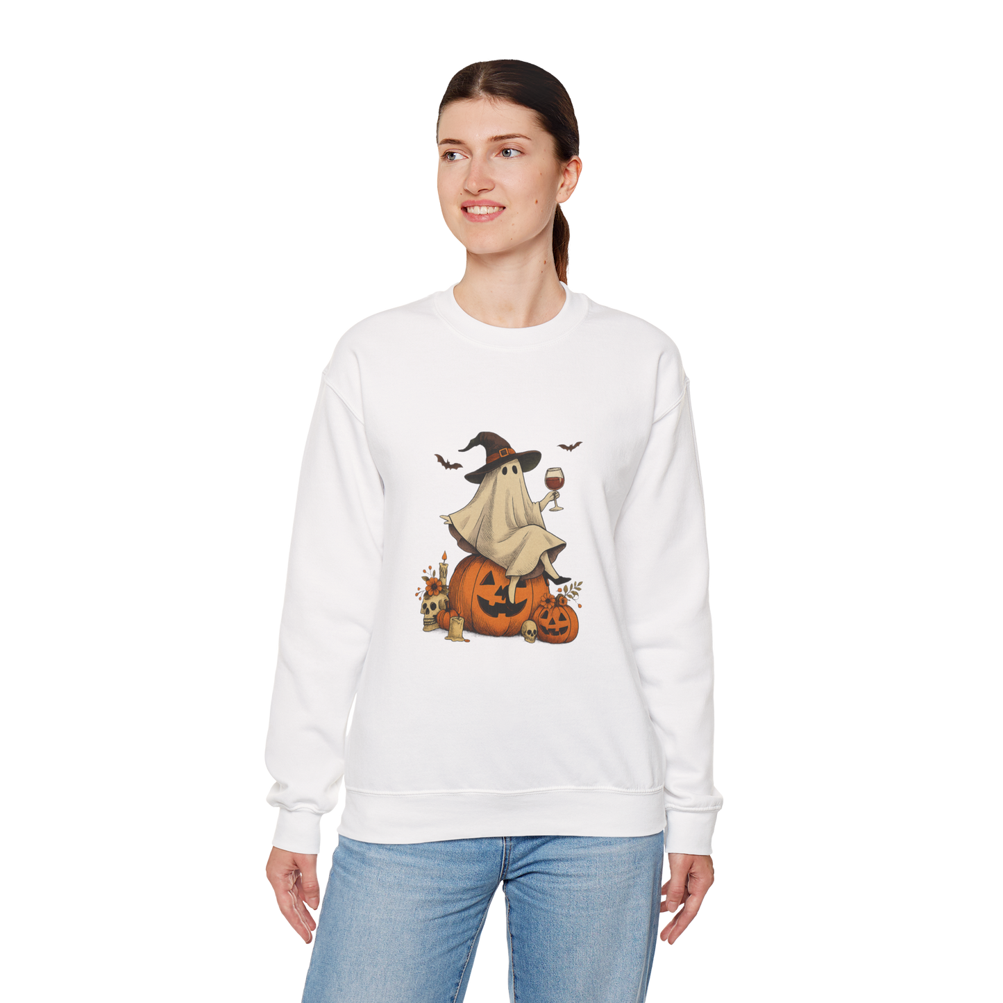 Unisex Heavy Blend™ Wine Ghost Halloween Sweatshirt – Spooky Season Pumpkin Crewneck | mw1013