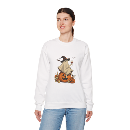Unisex Heavy Blend™ Wine Ghost Halloween Sweatshirt – Spooky Season Pumpkin Crewneck | mw1013