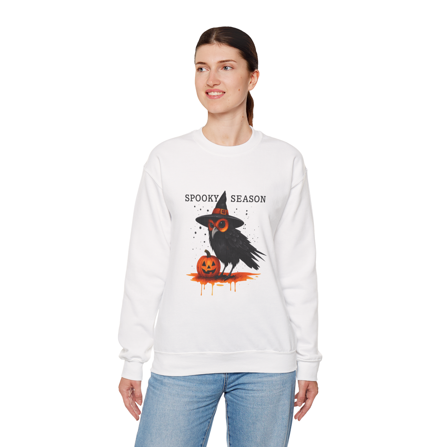 Unisex Heavy Blend™ Spooky Season Halloween Sweatshirt – Witch Hat Owl & Pumpkin Design | mw1006