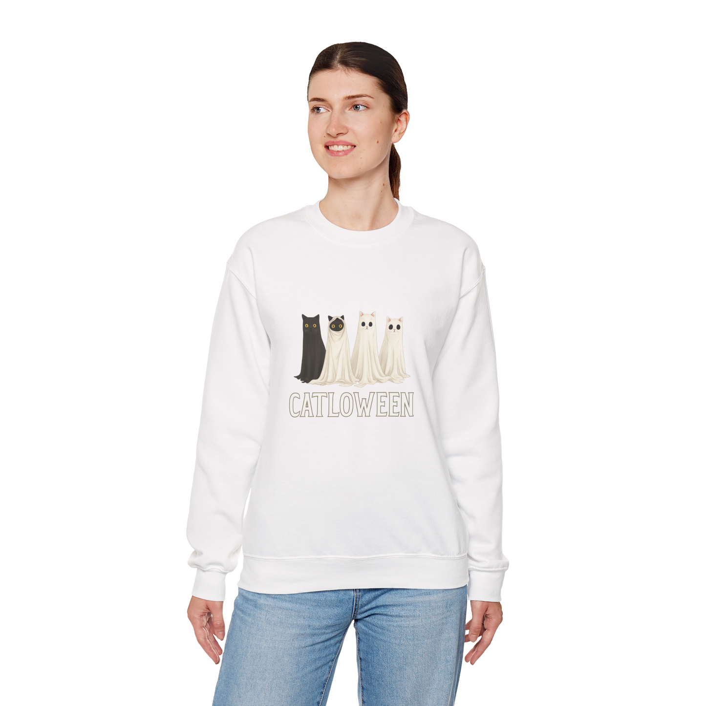 Unisex Heavy Blend™ Catloween Sweatshirt – Cute Ghost Cats Halloween Crewneck | mw1024