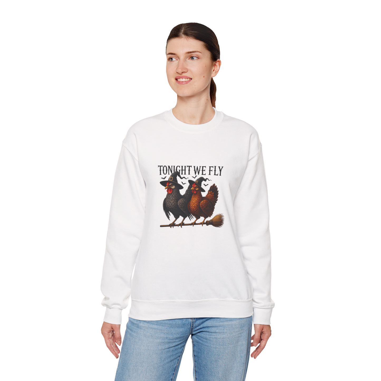 Unisex Heavy Blend™ Tonight We Fly Chicken Sweatshirt – Funny Witchy Halloween Crewneck | mw1022