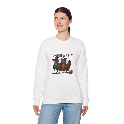 Unisex Heavy Blend™ Tonight We Fly Chicken Sweatshirt – Funny Witchy Halloween Crewneck | mw1022