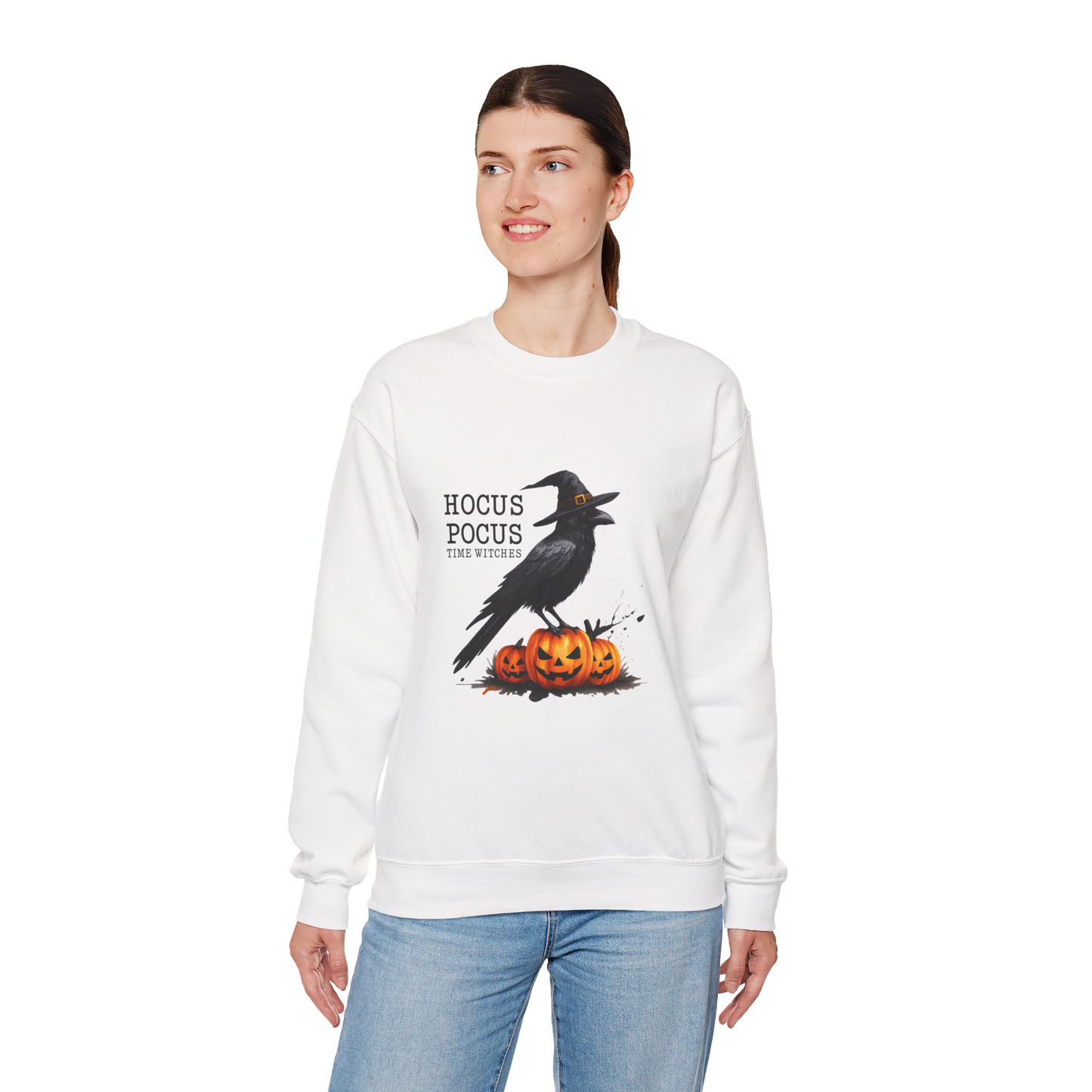 Unisex Heavy Blend™ Hocus Pocus Halloween Sweatshirt – Witchy Raven & Pumpkin Graphic | mw1008