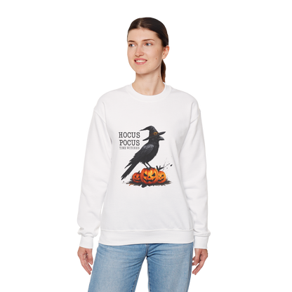 Unisex Heavy Blend™ Hocus Pocus Halloween Sweatshirt – Witchy Raven & Pumpkin Graphic | mw1008