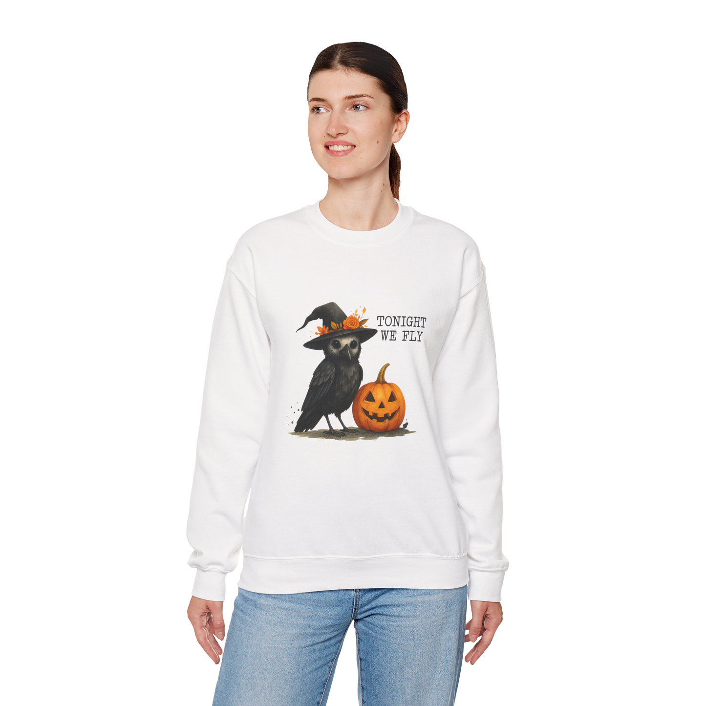 Unisex Heavy Blend™ Tonight We Fly Halloween Sweatshirt – Witchy Raven & Pumpkin Design | mw1007