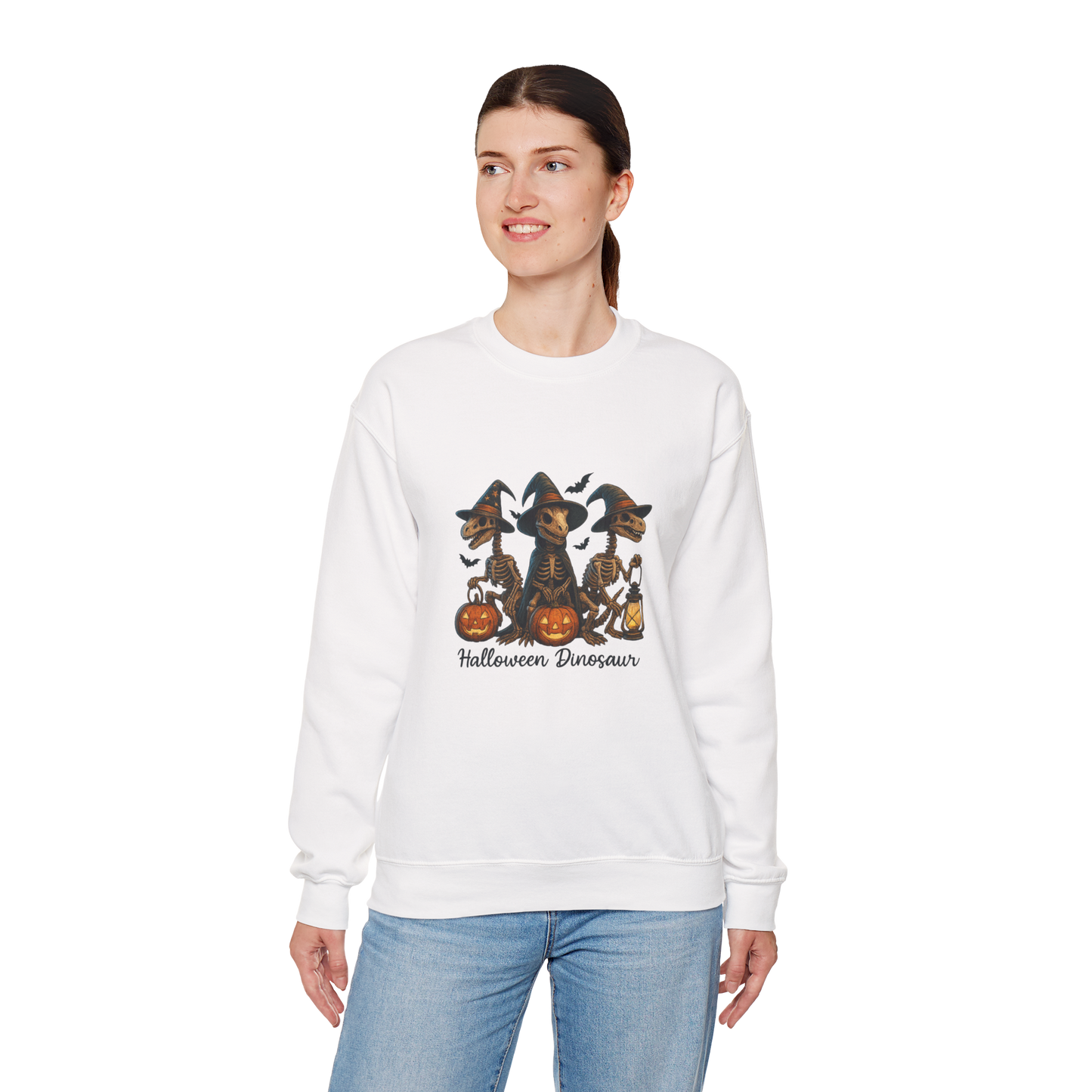 Unisex Heavy Blend™ Halloween Dinosaur Sweatshirt – Spooky Skeleton Dinos with Pumpkins | mw1023